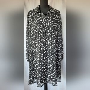 Nine West Midi Dress Womens Size Large Black White Floral Pleated Pullover